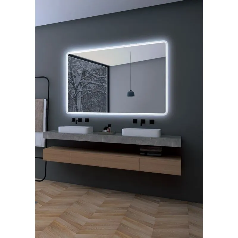 Specchio con luce led con bordi arrotondati, contorno sabbiato a luce fredda, doppio sensore antiappannamento Specchi per bagno, spogliatoio 100x80Cm