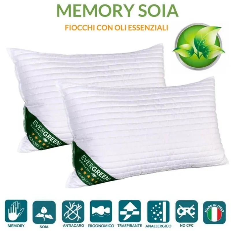 EVERGREENWEB - Coppia Cuscini Letto in MEMORY FOAM e oli essenziali di SOIA 40x70 alti 12 cm, Imbottitura con Fiocchi 100% Schiuma a Memoria