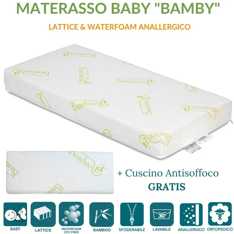 Evergreenweb - Materasso Lettino o Culla 60x125 in lattice e Waterfoam per Bambini alto 12 cm + Cuscino antisoffoco su misura gratis Fodera bamboo,