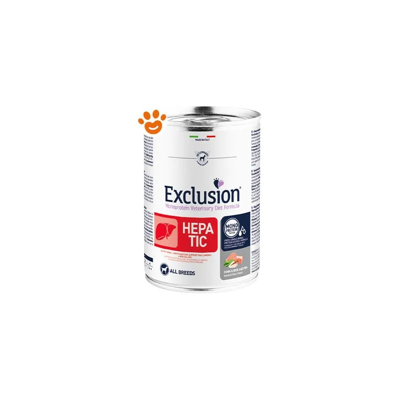 Exclusion Dog Diet Hepatic Maiale, Riso e Piselli - Lattina Da 200 Gr