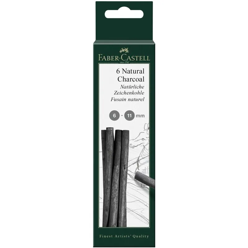 Faber-Castell 129398 - Carboncino da disegno Pitt natural, 6 pezzi, 6 - 11 mm