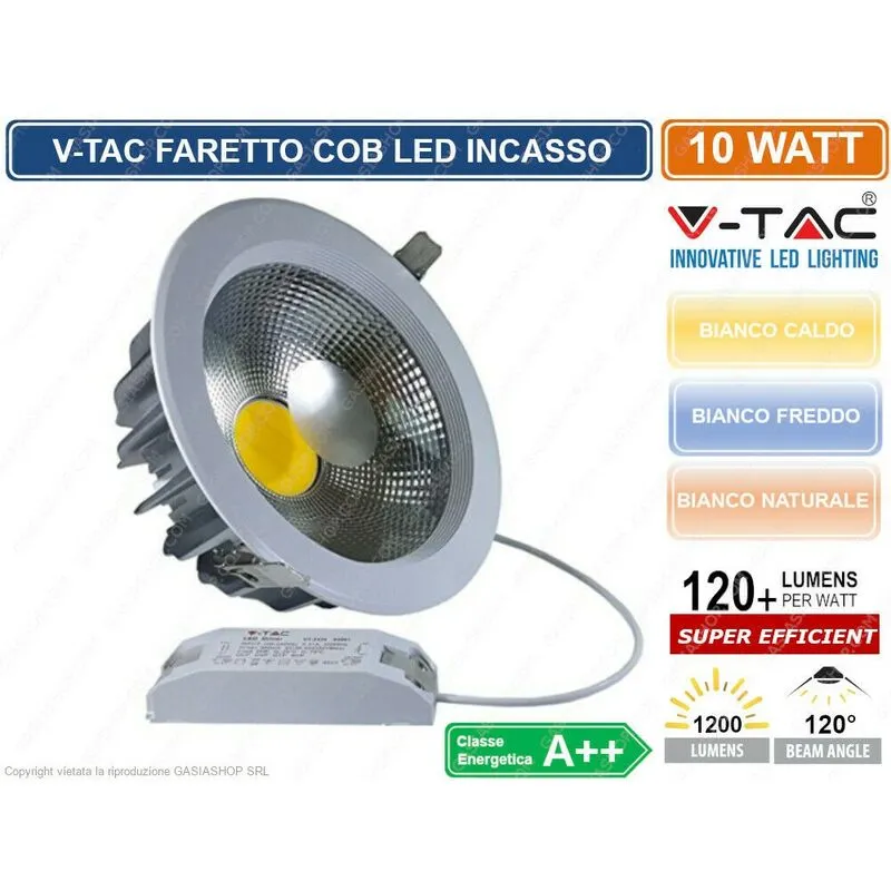 VT-26101 rd faretto led da incasso rotondo 10W cob - sku 1270 / 1271 / 1272 - Colore Luce: Bianco Caldo - V-tac