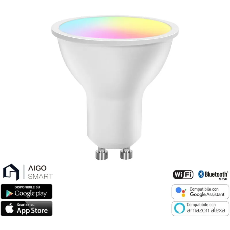 Faretto Led Smart GU10 6.5W Bluetooth Mesh rgb cct luce regolabile e dimmerabile Aigostar