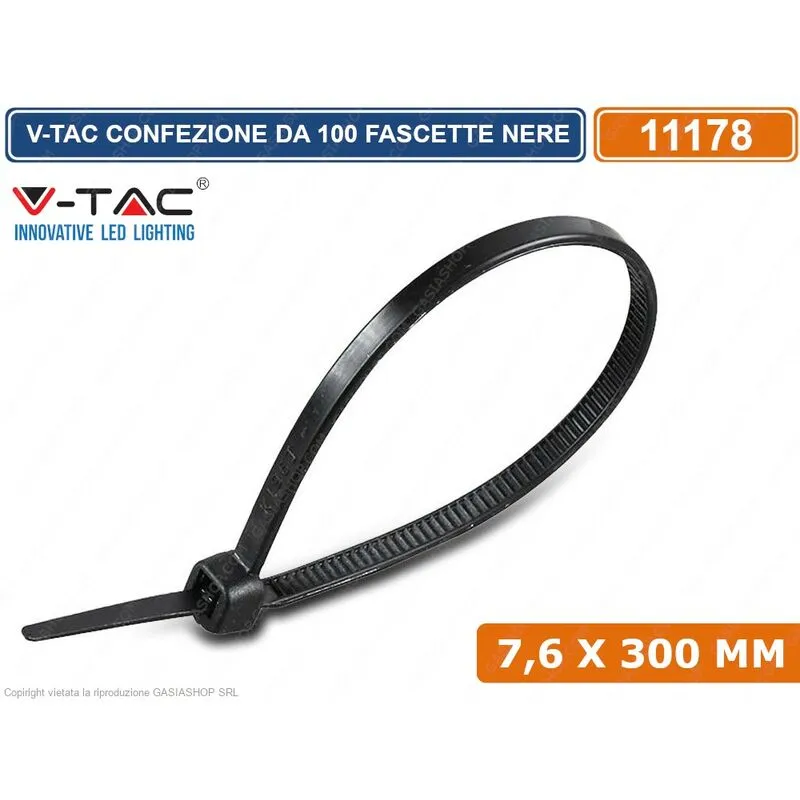 Confezione da 100 fascette stringicavo autobloccanti in nylon nero 7,6 x 300 mm - sku 11178 - V-tac