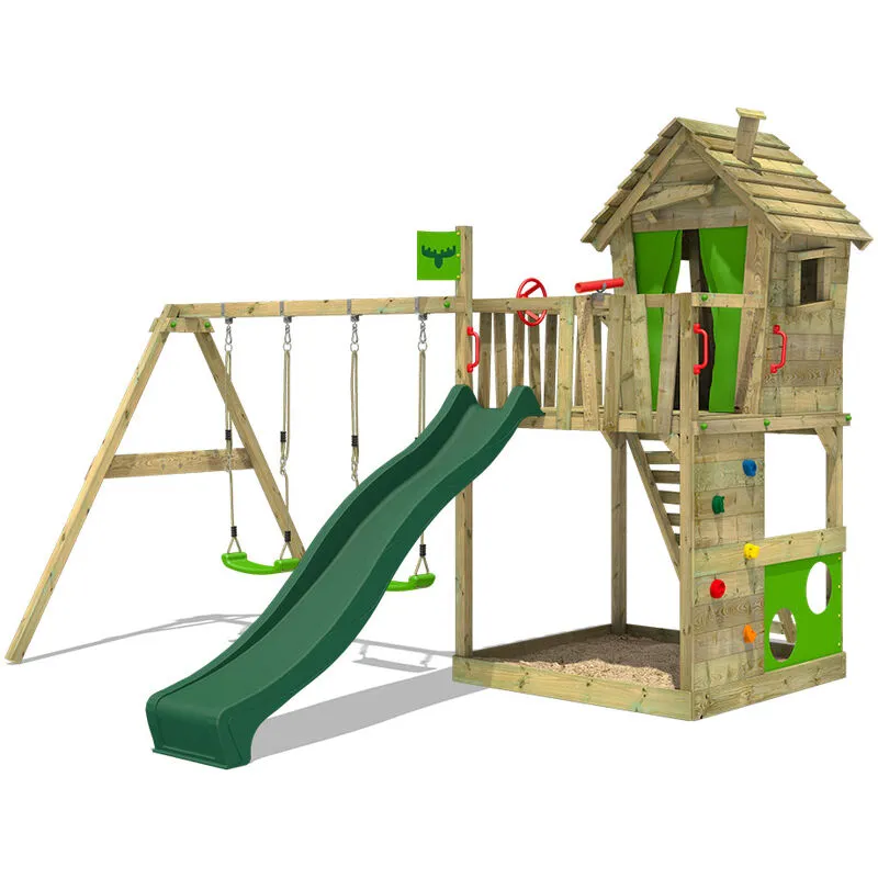 Parco giochi in legno HappyHome Giochi da giardino con altalena SurfSwing e scivolo Casetta da gioco per l'arrampicata con sabbiera e scala di