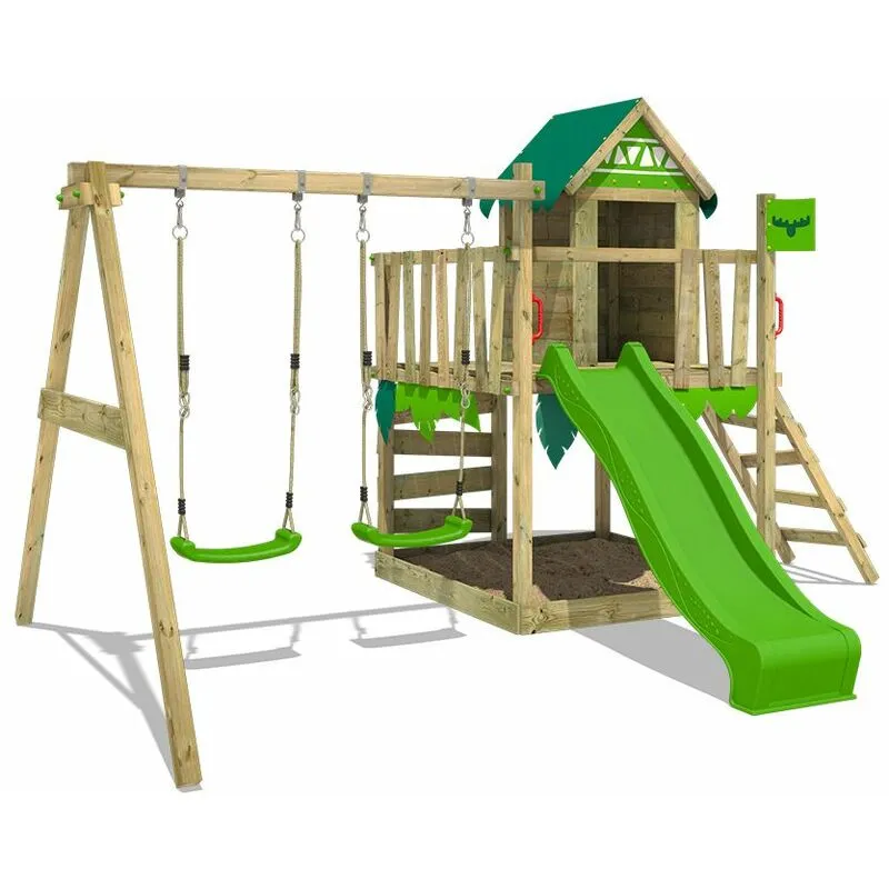 Parco giochi in legno JazzyJungle Giochi da giardino con altalena e scivolo Casetta da gioco per l'arrampicata con sabbiera e scala di risalita per
