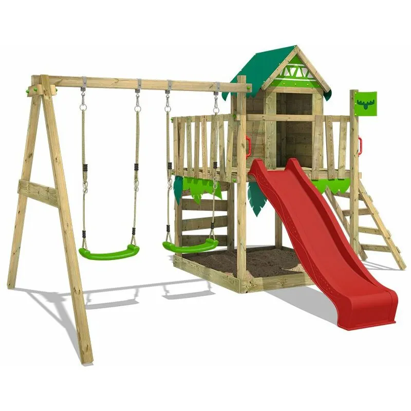 Parco giochi in legno JazzyJungle Giochi da giardino con altalena e scivolo Casetta da gioco per l'arrampicata con sabbiera e scala di risalita per