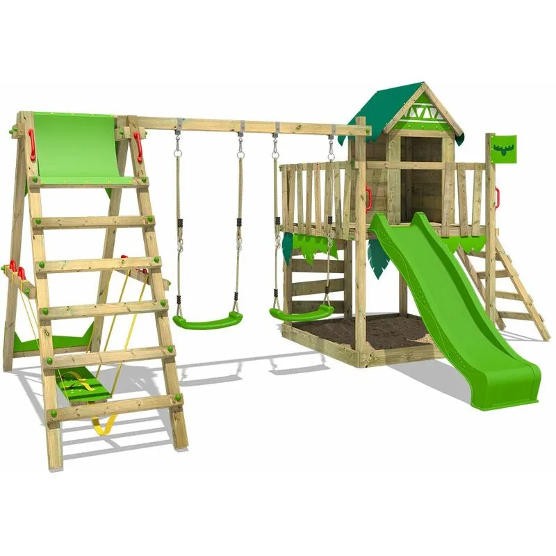 Parco giochi in legno JazzyJungle Giochi da giardino con altalena SurfSwing e scivolo Casetta da gioco per l'arrampicata con sabbiera e scala di