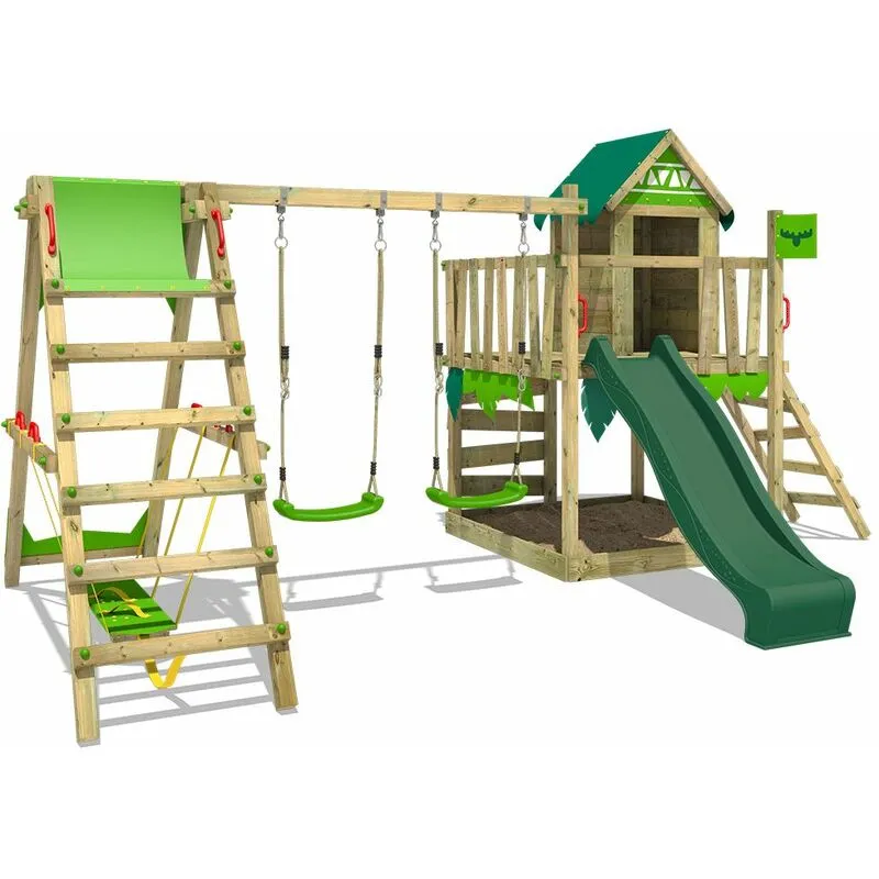 Parco giochi in legno JazzyJungle Giochi da giardino con altalena SurfSwing e scivolo Casetta da gioco per l'arrampicata con sabbiera e scala di