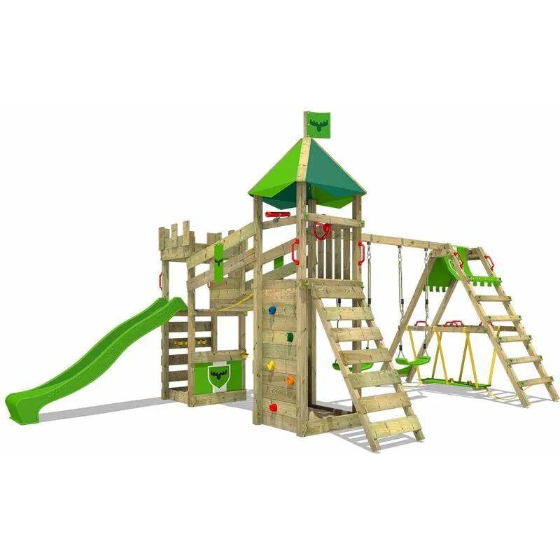 Parco giochi in legno RiverRun Giochi da giardino con altalena SurfSwing e scivolo Casetta da gioco per l'arrampicata con sabbiera e scala di