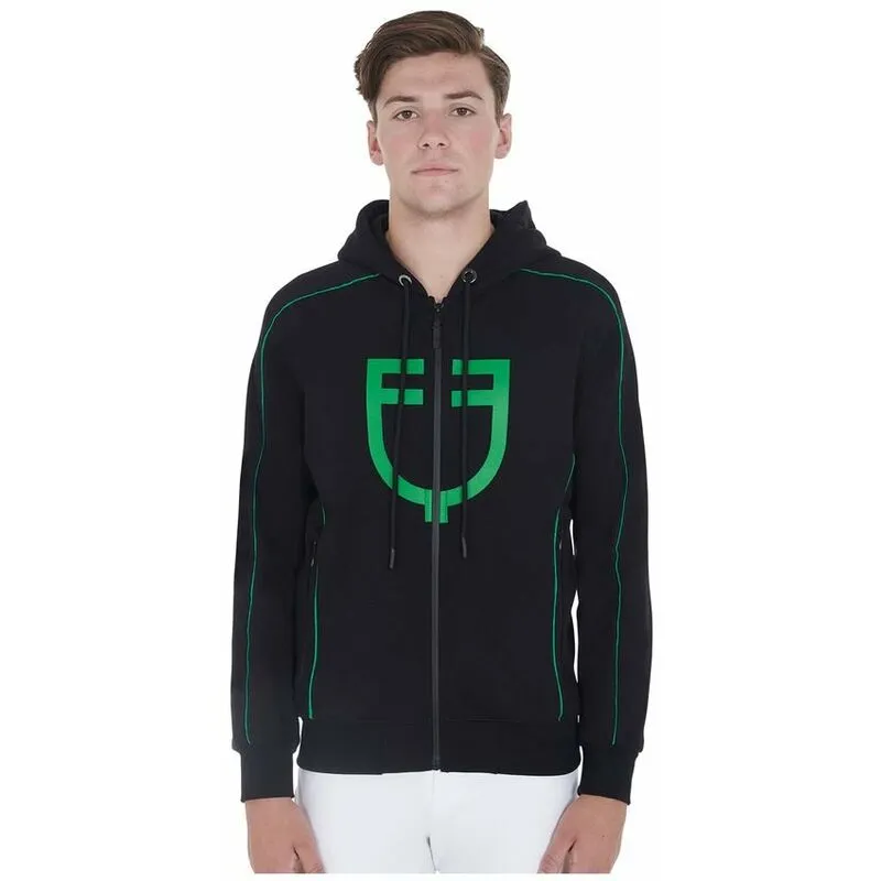 Felpa uomo da equitazione in cotone con cappuccio, zip frontale e logo sul petto: xl, Nero e Verde