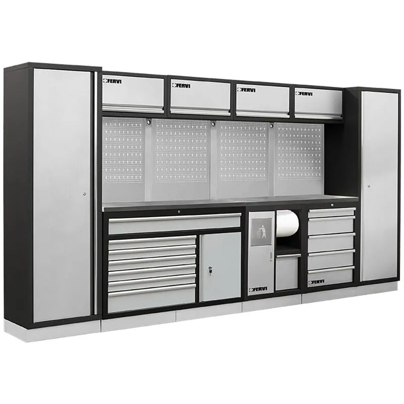 Arredamento modulare per officina Fervi A008V - 3920 x 498 x 2000 h mm - piano in acciaio inox