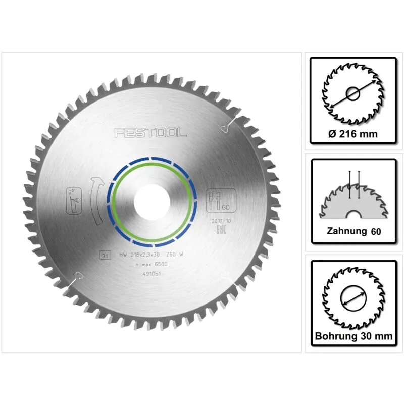 Lama speciale per sega circolare hw 216 x 30 x 2,3 mm W60 216 mm - 60 Denti ( 491051 ) - Festool