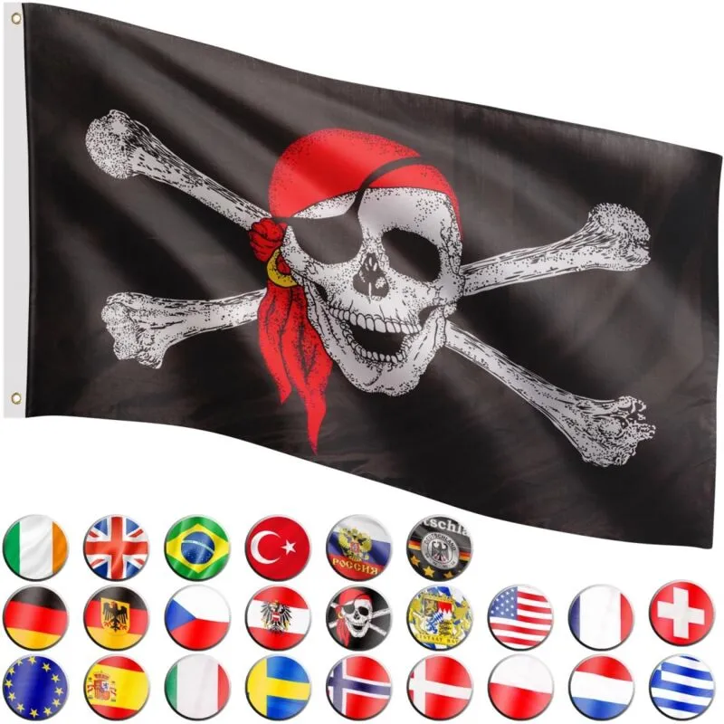 ® Bandiera, 30 bandiere diverse tra cui scegliere, dimensioni 120 cm x 80 cm, bandiera pirata Jolly Roger