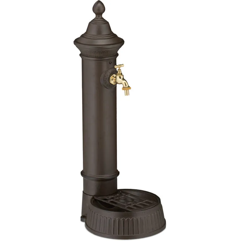 Fontana da Giardino in Stile Antico, Fontanella a Colonna con Rubinetto e Vaschetta, hlp: 72x26x31 cm, Marrone - Relaxdays