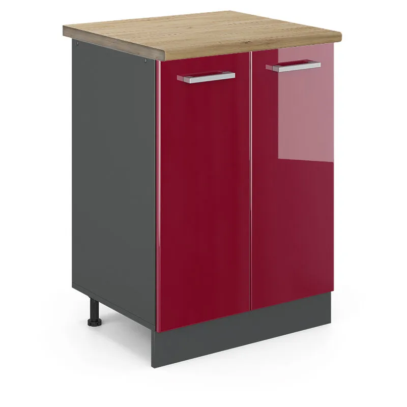 Mobiletto base cucina R-Line, Rosso bordeaux lucido, 60 cm , pl Rovere 