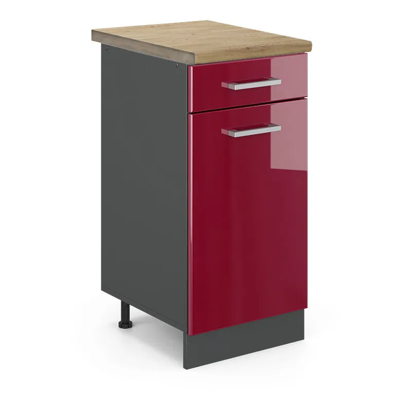  - Mobiletto base per cucina R-Line, Rosso bordeaux lucido, 40 cm , pl Rovere