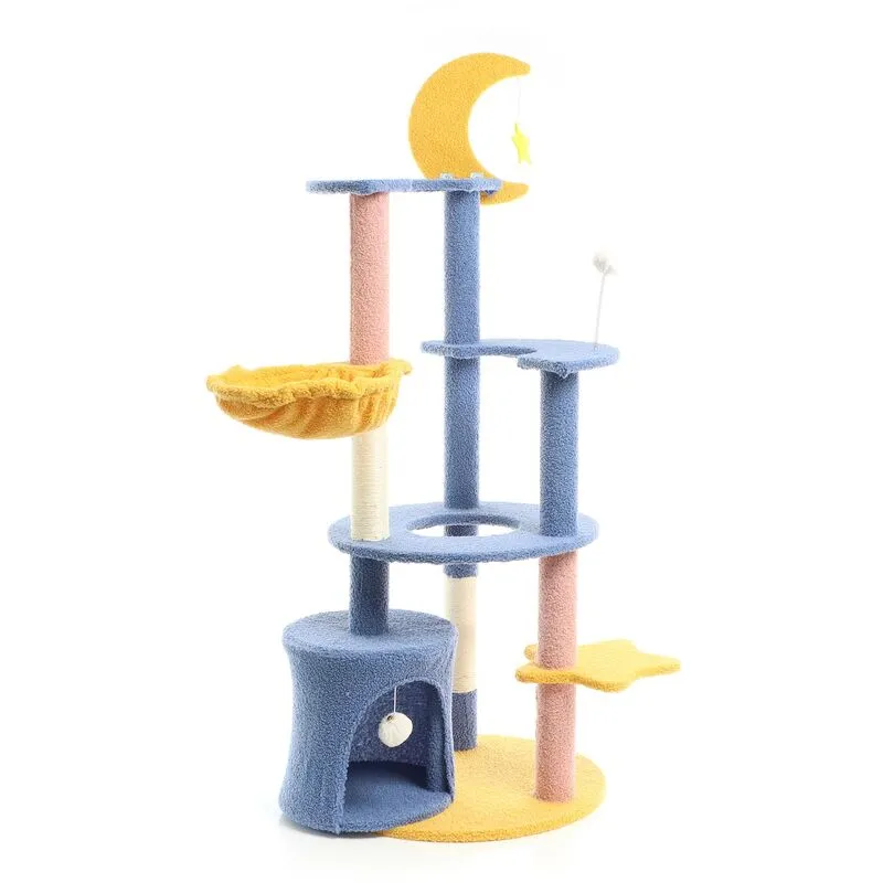 Fudajo - Albero tiragraffi con luna e stelle 132cm blu e giallo Con casetta per gatti e sisal