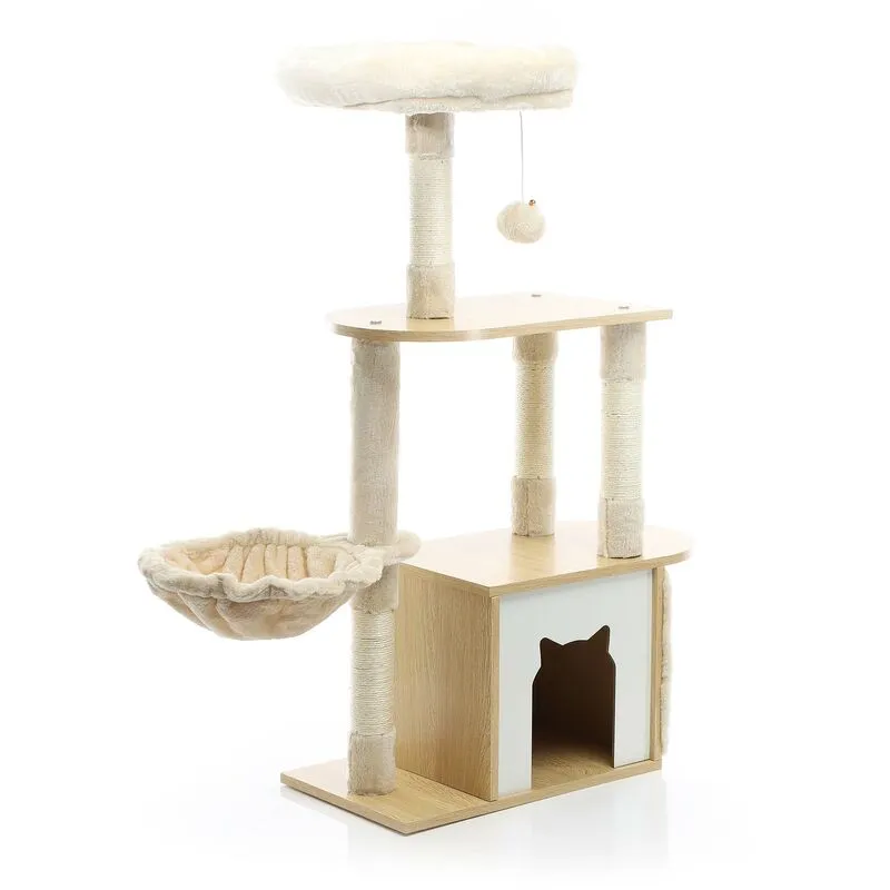 Fudajo - Albero tiragraffi Legno beige 106cm Con casetta per gatti, colonne in sisal e cucce