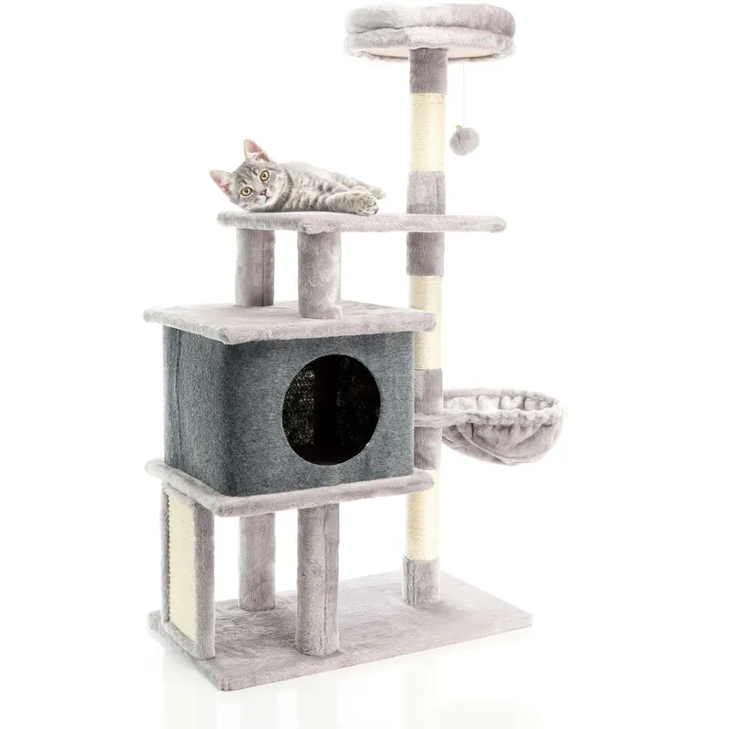 Albero tiragraffi per gatti grigio chiaro 112cm con casetta e lettino - grau - Fudajo