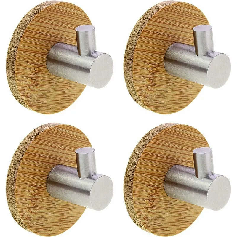 Ganci adesivi in bambù e acciaio inossidabile da 3 m Ganci appendiabiti resistenti per armadietto da cucina Bagno Toilette (gancio singolo-4 pezzi)