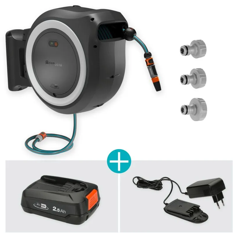  - Avvolgitubo da parete a batteria PowerRoll xl power for all set: tubo da 35 m, riavvolgimento automatico, batteria e caricatore inclusi