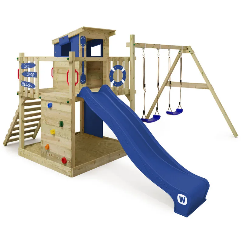 Parco giochi in legno Smart Camp Giochi da giardino con altalena e scivolo Casetta da gioco per l'arrampicata con sabbiera e scala di risalita per