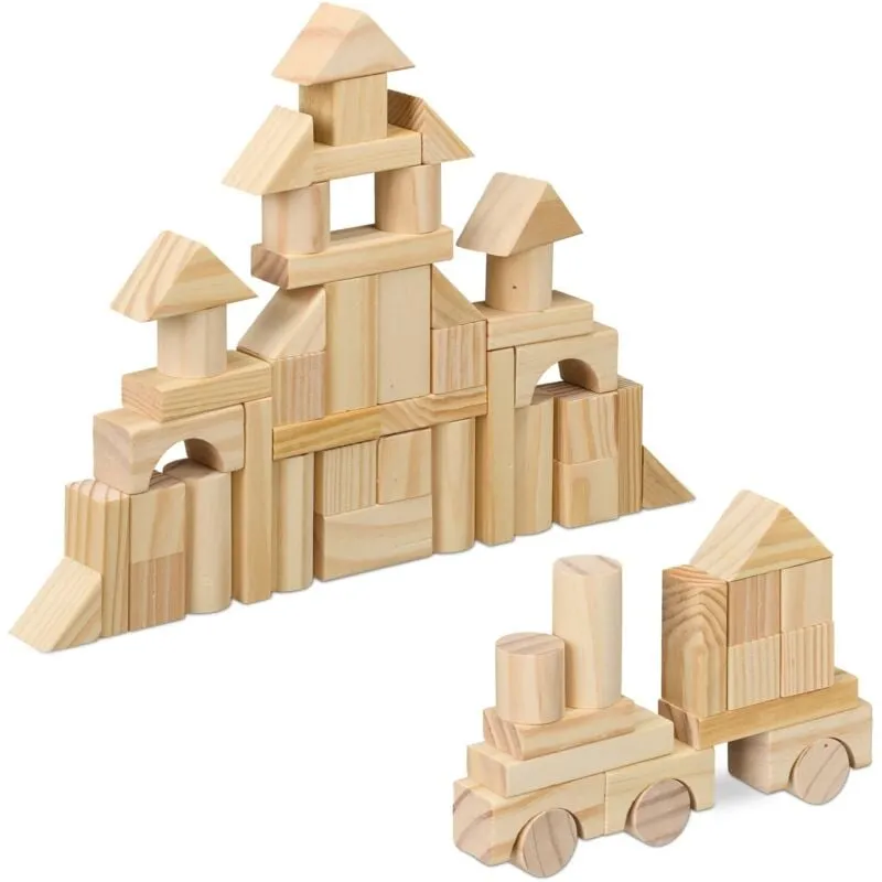 Gioco in Legno per Bambini da 3 Anni, 100 Blocchi da Costruzione, Mattoncini Impilare, Motricità, Naturale - Relaxdays