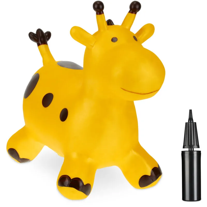 Giraffa Gonfiabile per Bambini, Animale Saltellante, Fino a 50 kg, BPA-free, con Pompa Manuale, Giallo Marrone - Relaxdays