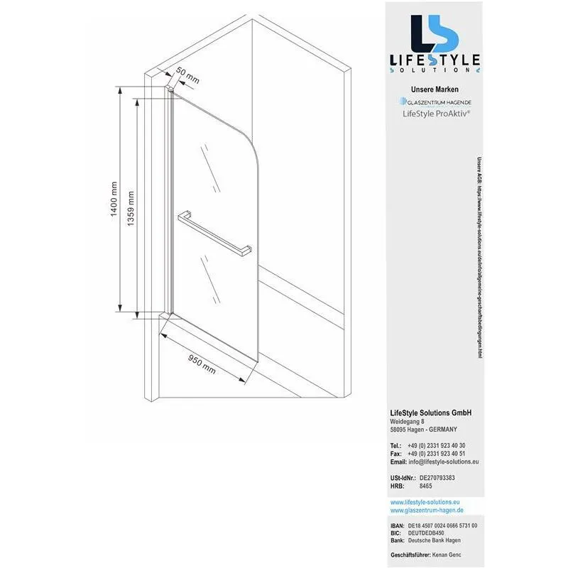 Attacco per vasca da bagno - pareti pieghevoli per vasca da bagno - parete dell'ala 100x140cm - Glaszentrum Hagen