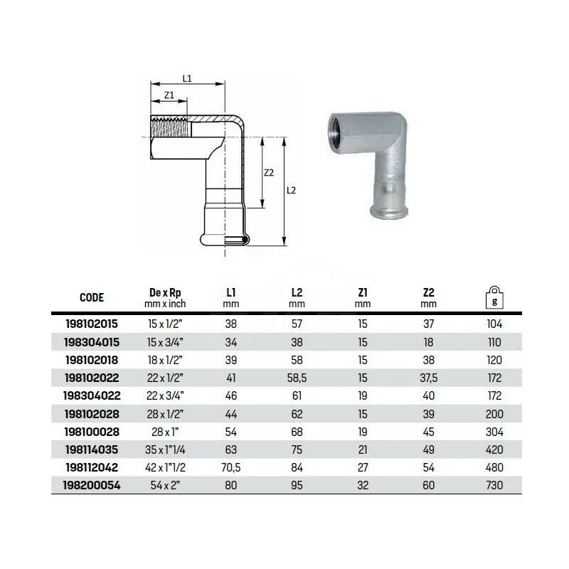 Gomito misto 90° filetto f ø22x3/4F inox 316L press. 198304022