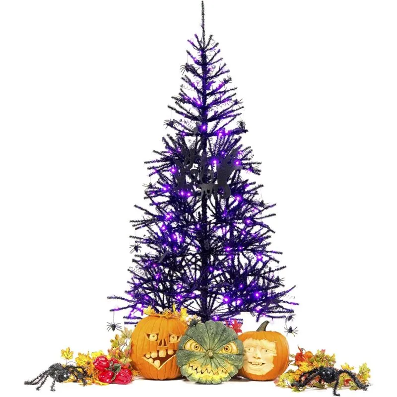  Albero di Natale Halloween 183 cm, Illuminato con 250 Luci a LED Viola, 791 Rami in PVC, con 1 Cartello Appeso di Fantasma, 16 Ciondoli Ragno