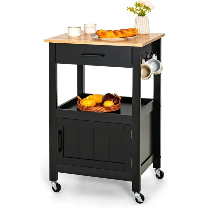  Carrello da Cucina su Rotelle, Credenza da Cucina in Legno con 3 Ganci, Cassetto e Armadietto, 56 x 46 x 89 cm (Nero)