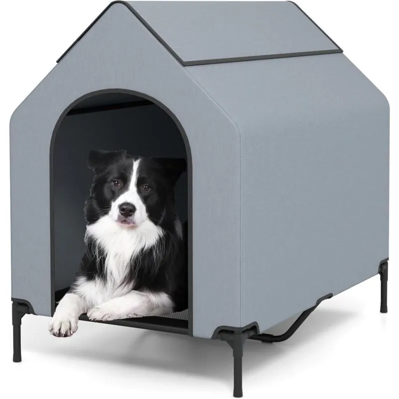 Goplus - Casetta Rialzata per Cani, 91 cm/110 cm/132 cm, Cuccia 2 in 1 per Cani Piccoli, Rifugio Cani Impermeabile con Finestre Ventilate, Lettino in