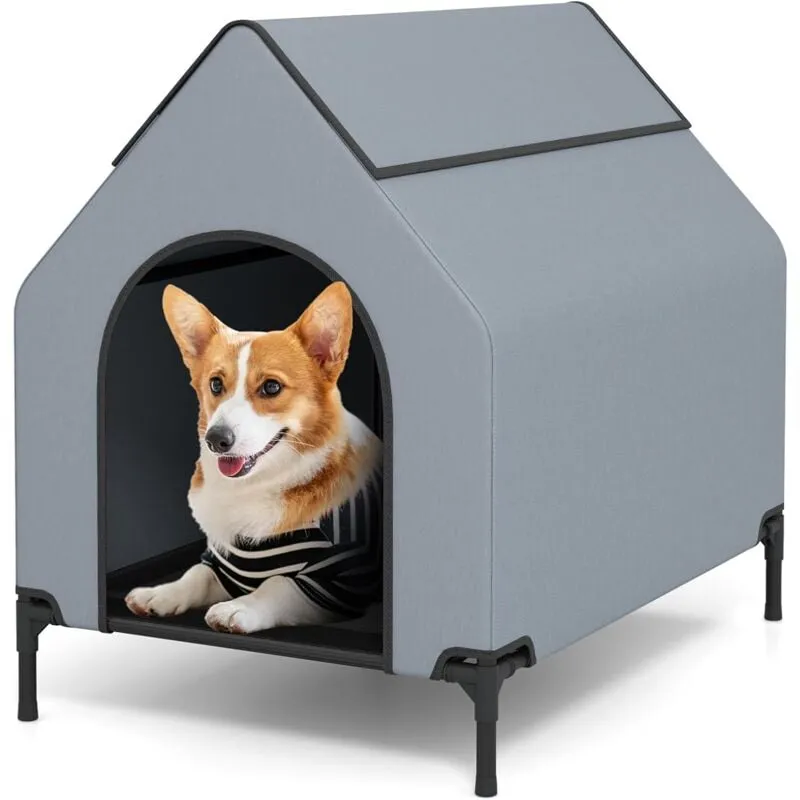 Goplus - Casetta Rialzata per Cani, 91 cm/110 cm/132 cm, Cuccia 2 in 1 per Cani Piccoli, Rifugio Cani Impermeabile con Finestre Ventilate, Lettino in