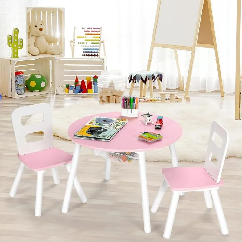  Set Tavolo e Sedie per Bambini, in Legno con Sacco in Rete di Stoccaggio, Multifunzione per Studiare Giocare Dipingere(Rosa)