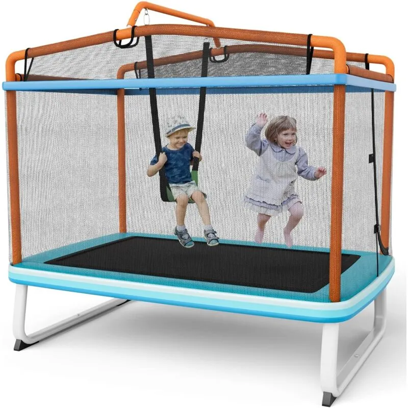 Goplus - Trampolino Elastico per Bambini, 3 in 1 con Altalena e Barra per Trazioni, Rete di Sicurezza, Interno ed Esterno, Idea Regalo per Bambini 3+