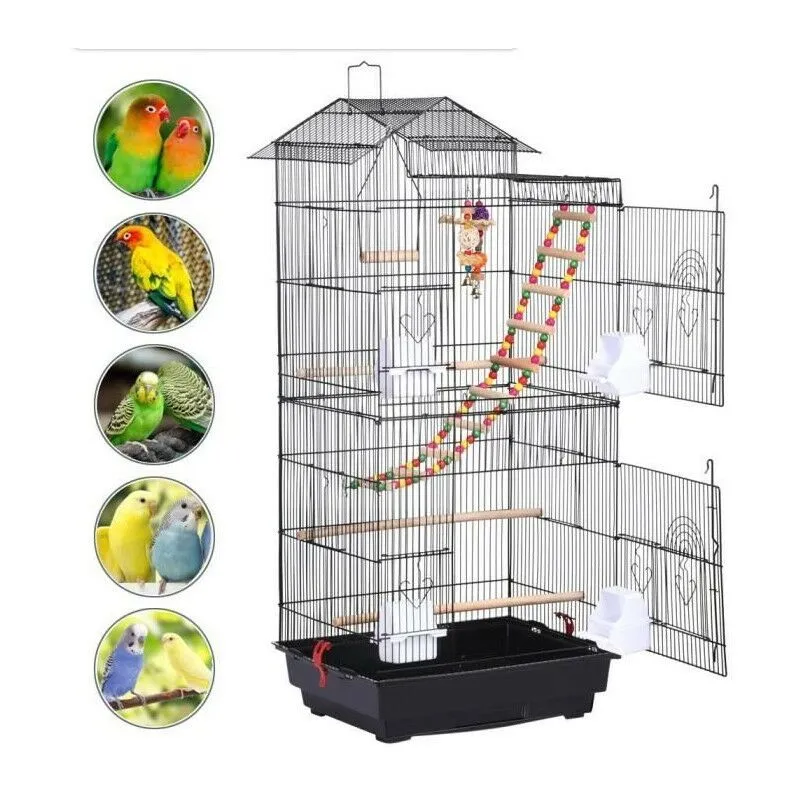 Gabbia Voliera per Uccelli 46 x 35,5 x 99cm Pappagalli in Metallo e Legno con Piedistallo Carrello Nera - Haloyo