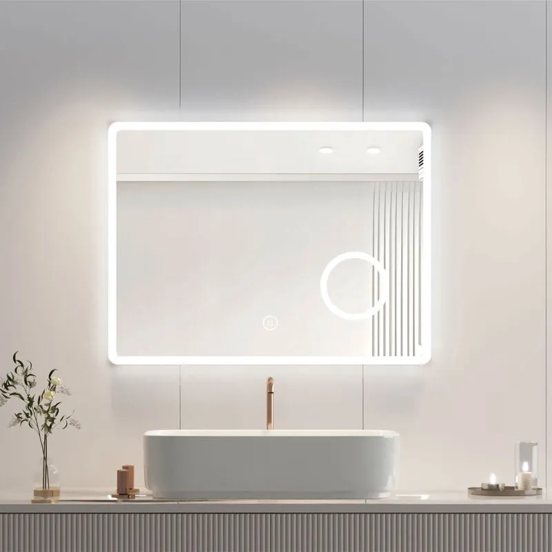 Heilmetz Specchio Bagno 80x60cm Interruttore Touch con Lente d'ingrandimento 3x Specchio da bagno luminoso con illuminazione bianca fredda 6500k