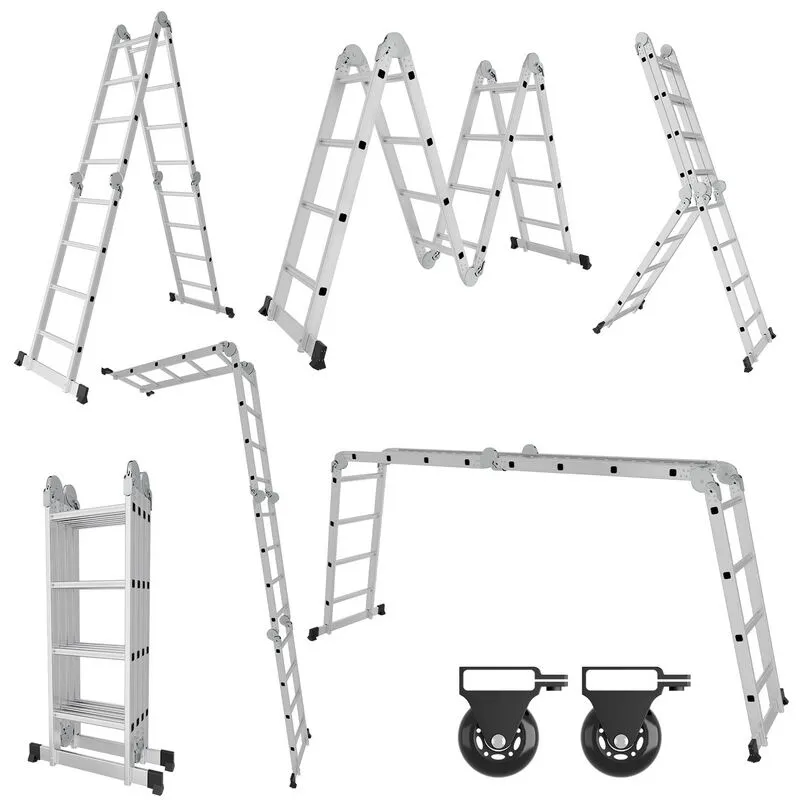 Hengda - Scala pieghevole snodata 4x4 gradini, trabattello multifunzione, distanziatore a muro, scaletta, 2 piastre pianale di lavoro
