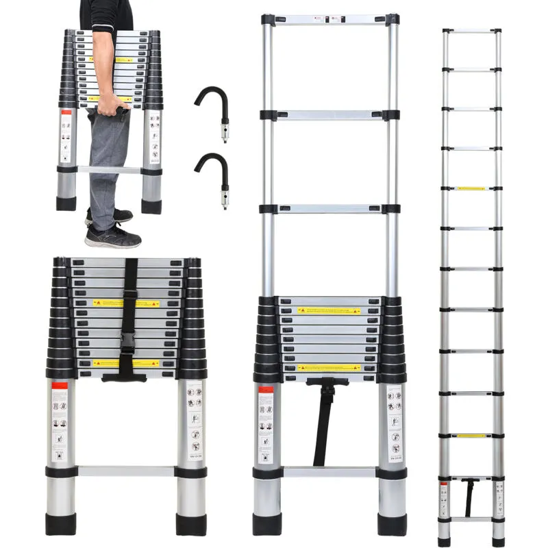Hengda - Scala telescopica 3,8 m argento + gancio scala in alluminio scala scorrevole antiscivolo scala allungabile allungabile