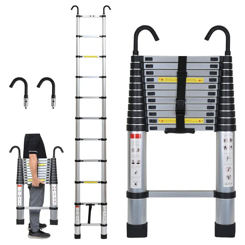 Scala telescopica con scala di estensione del gancio fino a 150 kg scala a pioli in alluminio stabile argento 3.2 m - Hengda