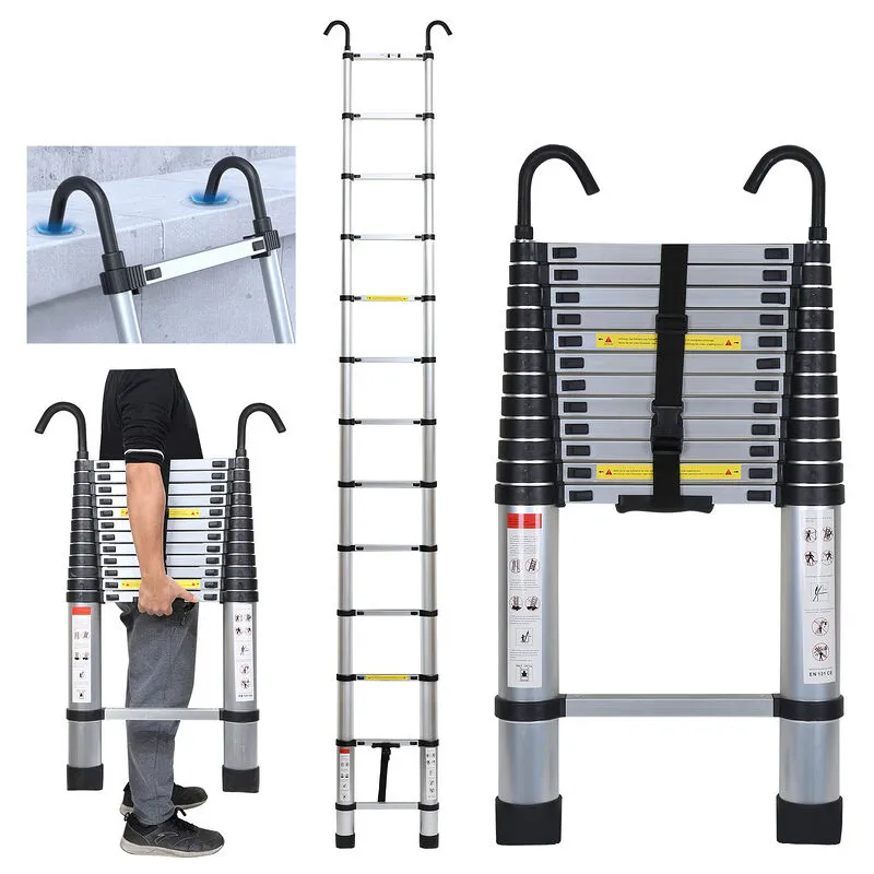 Hengda - Scala telescopica con scala di estensione del gancio fino a 150 kg scala a pioli in alluminio stabile argento 3.8 m