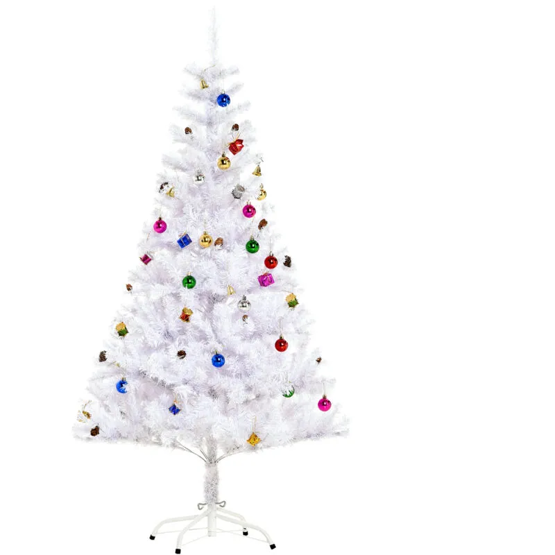 Albero di Natale 150cm con Decorazioni, Base in Metallo 680 Rami Bianco - Homcom