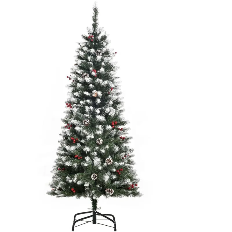 Homcom - Albero di Natale Innevato Altezza 150cm con Pigne Bianche e Bacche Rosse