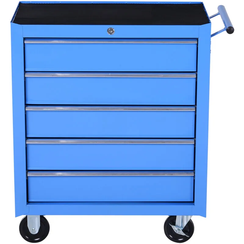  Carrello Porta Attrezzi in Metallo Ruote e 5 Cassetti 67.5x33x77cm Blu