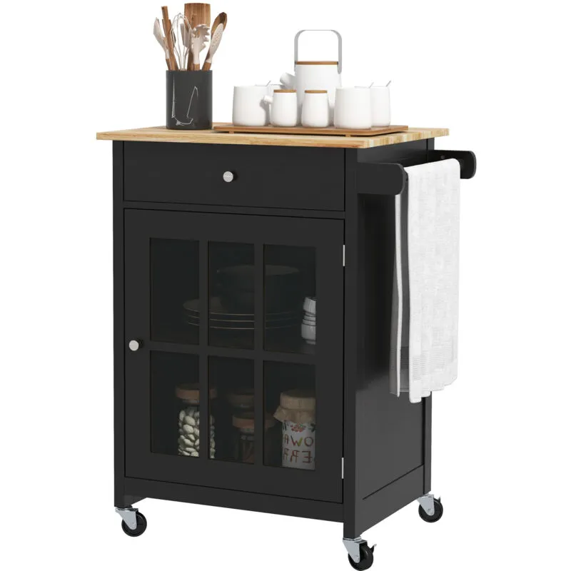 Carrello Cucina con Cassetto e Armadietto Regolabile Nero e Rovere - Homcom