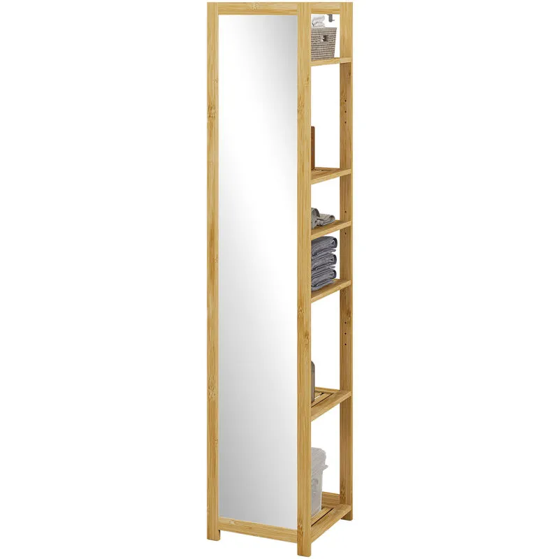 Scaffale Bagno con 6 Ripiani a Doghe in Bambù e Specchio 35x35x168cm - Homcom