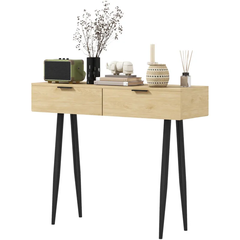 Homcom - Tavolo Consolle Stile Scandinavo con 2 Cassetti Legno e Acciaio Rovere