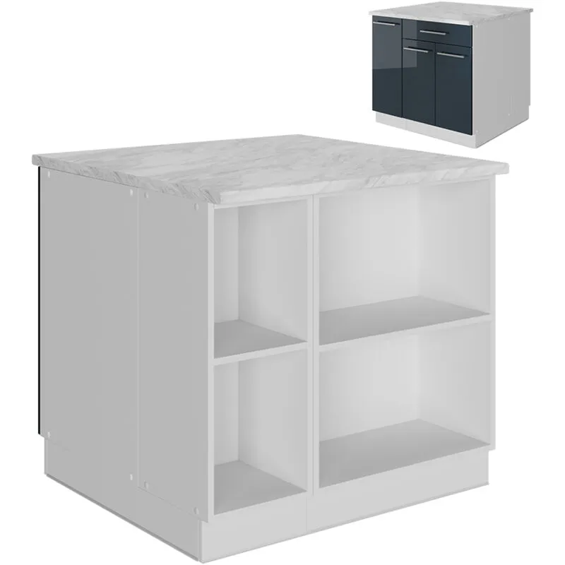  - Isola cucina Fame-Line, Blu scuro lucido/bianco, 90 cm con cassetto, senza piano di lavoro